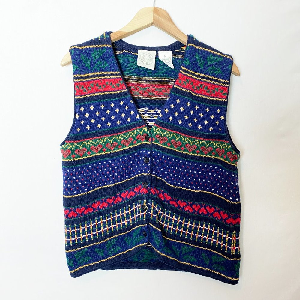 Vintage Button Knitted Sweater Vest Quirky Hearts Unique Size Medium